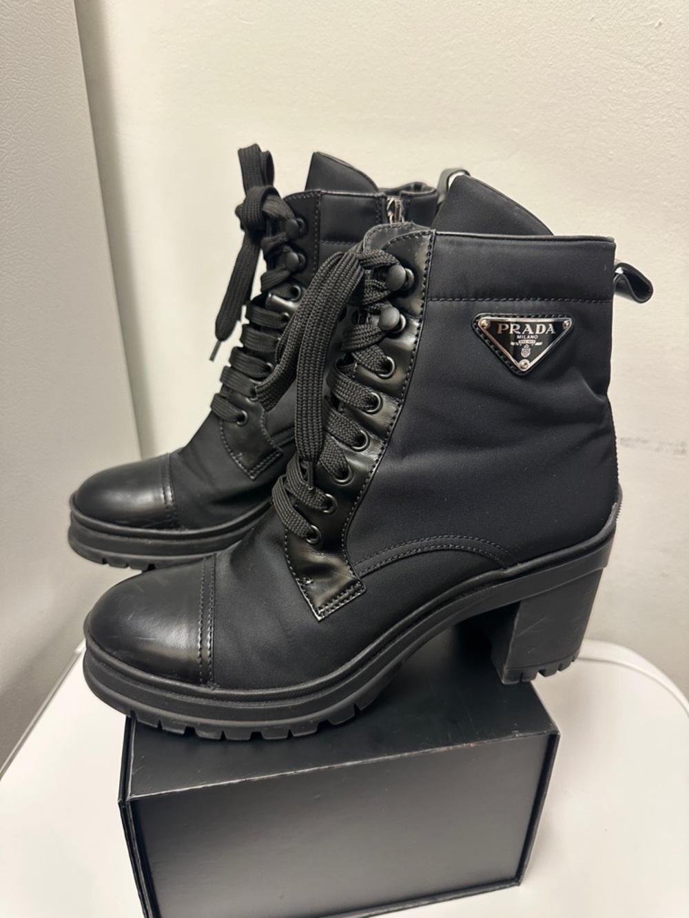 Prada Re-Nylon & Leather Booties Black Lace-Up Platform Ankle Boots, Women (8.5) - Picture 6 of 16